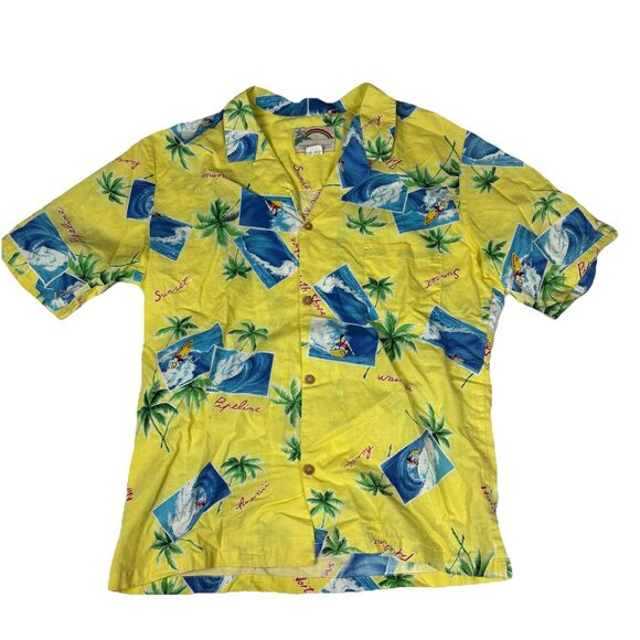 Vintage Paradise Found Hawaiian Shirt Large Aloha Yellow Surf Palm Tree Hawaii - Picture 1 of 8